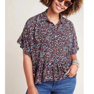 Maeve by Anthropologie Black Floral Mallory Ruffled Flounce Top